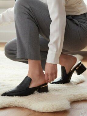 Nicholas Kirkwood Beya Black Leather Chunky Angular Heel Mules, Size 36.5